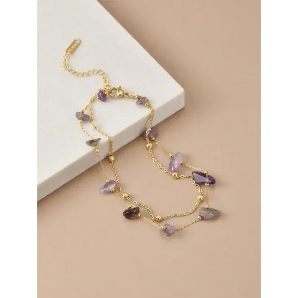 Natural Amethyst Stone Stainless Bracelet Anklet Handmade Goldtone Adjustable - Picture 2 of 5